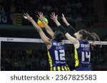Small photo of ISTANBUL, TURKIYE - MARCH 16, 2023: Ana Cristina Souza and Eda Erdem Dundar in action during Fenerbahce Opet vs Imoco Volley Conegliano CEV Champions League Volley match in Burhan Felek Sport Hall