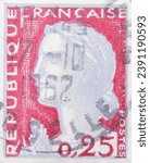 Small photo of ISTANBUL, TURKEY - JANUARY 24, 2021: French stamp shows Marianne circa 1960