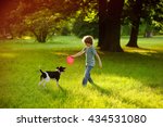 Small photo of The little fellow trains a dog in park. Boy of 8-9 years is holding a red disc. His pet attentively looks at the owner. The doggy has raised a tail up. She likes game. On a background big trees.