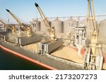 ODESSA, UKRAINE - August 9, 2021: Loading grain into holds of sea cargo vessel through an automatic line in seaport from silos of grain storage. Bunkering of dry cargo ship with grain