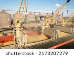 Small photo of Loading grain into holds of sea cargo vessel through an automatic line in seaport from silos of grain storage. Bunkering of dry cargo ship with grain