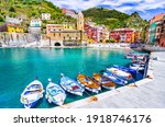 Cinque Terre, Italy - Scenic view of marina In colorful fishermen village Vernazza, Liguria