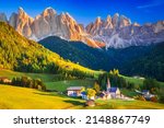 Val di Funes, Italy - Autumn scenic with Santa Magdalena village, idyllic Dolomites landscape in South Tyrol, Italian Alps spotlight.