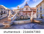 Small photo of Palermo, Italy. Pretoria Fountain in Piazza Pretoria and Chiesa di Santa Caterina d'Alessandria, Sicily travel spotlight.
