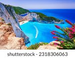 Zakynthos, Greece. Famous Navagio Beach, overhead landscape of Ionian Sea, Greek Islands.