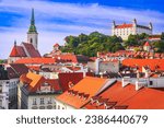 Bratislava, Slovakia. Panoramic rooftop view of the Castle, the cathedral and the old town square.