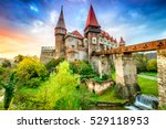 Hunyad Castle. Beautiful panorama of the Corvin's Castle with wooden bridge, Hunedoara, Transylvania, Romania, Europe.