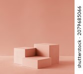 Small photo of Awarding podium made of three 3d pastel square shapes of different sized against blank pink background for copy space
