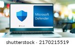 Small photo of POZNAN, POL - JUN 22, 2022: Laptop computer displaying logo of Microsoft Defender Antivirus, an anti-malware component of Microsoft Windows