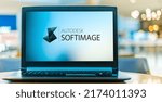 Small photo of POZNAN, POL - JAN 6, 2021: Laptop computer displaying logo of Autodesk Softimage, a 3D computer graphics application, for producing graphics, modeling, and computer animation