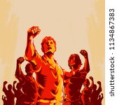 Crowd protest fist revolution poster design. Man leader in front of a crowd. Propaganda Background Style.