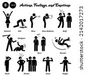 Stick figure human people man action, feelings, and emotions icons starting with alphabet B. Blossom, blot, blow air, blow balloon, bluff, bludgeon, blurt, blunder, blush, bluster, boast, and boggle.