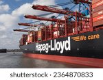 Small photo of Hamburg, Germany - September 20 2023: The newest ultra large container ship Manila Express of Hapag-Lloyd in the Port of Hamburg. Hapag-Lloyd is one of the leading container shipping companies.