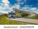 Small photo of Caravan car RV travels on the highway Norway. Atlantic Ocean Road or the Atlantic Road (Atlanterhavsveien) been awarded the title as (Norwegian Construction of the Century).