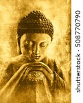 Small photo of Contemplating Buddha textured in golden tones with a brighter and a darker side of the face with scratches and stains.