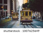 Classic panorama view of historic San Francisco Cable Cars on famous California Street at sunset with retro vintage Instagram style VSCO filter effect, central San Francisco, California, USA