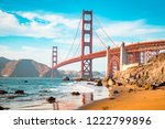 Classic view of famous Golden Gate Bridge in beautiful golden evening light on a sunny day with blue sky and clouds in summer, San Francisco, California, USA
