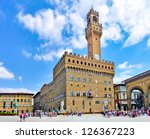 Panoramic view of famous Piazza della Signoria with Palazzo Vecchio in Florence, Tuscany, Italy
