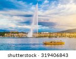Panoramic view of Geneva skyline with famous Jet d