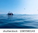 Fishing boat and fishing net over blue sea and clear sky with birds flying overhead.