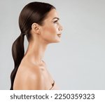 Small photo of Beauty Model Perfect Face Profile. Brunette Woman with Healthy Smooth Facial Skin and Hair over White. Beautiful Girl Side view Portrait with Full Lips and Natural Make up. Female Plastic Surgery