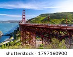 Golden Gate bridge View Vista point with beautiful blue sky landscape in San Francisco North California USA West Coast of Pacific Ocean, United States Landmark Travel Destination and cityscape concept