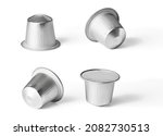 Silver coffee capsules, aluminium in various isolated positions with path