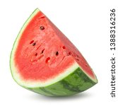 Small photo of Sliced or Cut the watermelon, which has a red flesh and a green rind, and the seeds in the flesh in a separate isolated over white background.