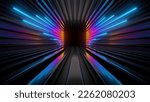 Sci Fy neon glowing lines in a dark tunnel. Reflections on the floor and ceiling. Empty background in the center. 3d rendering image. Abstract glowing lines. Techology futuristic background.