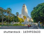 Historic Los Angeles City Hall with blue sky in CA, USA
