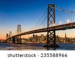 San Francisco skyline and Bay Bridge at sunset, California USA