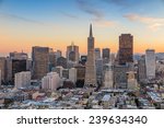 Beautiful view of  business center in downtown San Francisco at sunset.