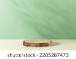 Small photo of Round wooden saw cut cylinder shape on green background abstract background. Minimal box and geometric podium. Scene with geometrical forms. Empty showcase for eco cosmetic product presentation