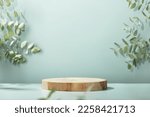 Small photo of Abstract empty Wood slice podium with eucalyptus leaves and shadows on blue background. Mock up stand for product presentation. 3D Render. Minimal concept. Advertising template