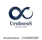 Ouroboros Snake in a shape of infinity symbol, endless cycle of life and death, ancient Uroboros symbol vector illustration, Serpent eating its own tale, logo, emblem or tattoo.