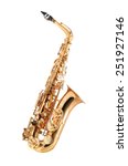 Saxophone -  Golden alto saxophone classical instrument isolated on white