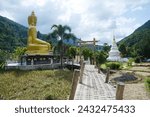 Small photo of PHRAE , THAILAND - DEC 4 , 2023 : Bamboo bridge to the white pagoda and Phra Chao Ton Luang, a large outdoor golden Buddha statue. Sitting prominently in the middle of a rice field at Na Khuha Temple.