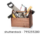 Old Carpenter Wooden toolbox with tools isolated on white.
