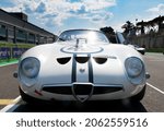 Small photo of Italy, september 11 2021. Vallelunga classic. Historical Alfa Romeo Giulia TZ 60s race car standing in starting grid front view close up