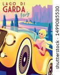 girl in a retro car with lake ... | Shutterstock .eps vector #1499085530