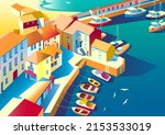 Detailed seascape with small fishing village, boats and the sea in the background. Handmade drawing vector illustration.