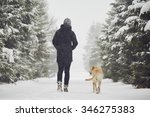 Man walking with his yellow labrador retriever in winter landscape