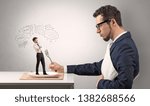 Small photo of Big businessman want to eat small man with cloud messages above his head