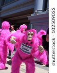 Small photo of SAN FRANCISCO, CA - MAY 12: Colorful pink "gorillas" promote the famous Zazzle Bay-to-Breakers Race to tourists at the Embarcadero on May 12, 2012, in San Francisco, California.