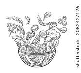salad falling into bowl outline ... | Shutterstock .eps vector #2082427126