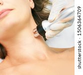 Small photo of Dermatology skin care facial therapy. Medical spa anto wrinkles procedure. Woman face rejuvenation. Pretty girl. Rf cosmetician equipment. Chin and neck.