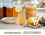Small photo of Homemade fermented raw kombucha tea, healthy natural probiotic drink and herbs ingredient, Scoby mushrooms to start the fermentation process in blur background