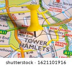Small photo of London, UK - January 8th 2020: Pin marking the location of Tower Hamlets on a map of the United Kingdom. Tower Hamlets is a London borough located in East London.