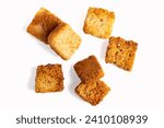 Heaps of delicious crispy fried croutons isolated on white, set