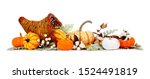 Small photo of Thanksgiving cornucopia filled with autumn vegetables, pumpkins and fall decor isolated on a white background
